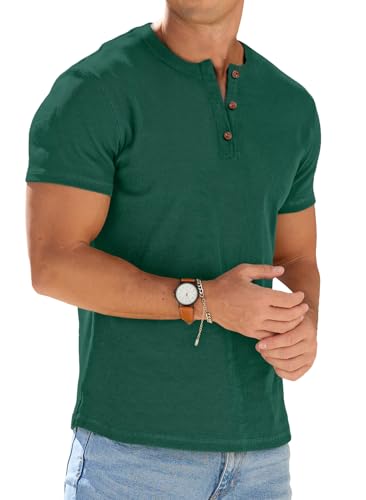Sailwind Mens Muscle Henley Shirts Lightweight Workout T-Shirt Gym Tee Athletic Short Sleeve with Button Dark Green