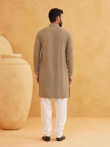 Image of Sojanya (Since 1958 Men'S Geometric Embroidered Thread Work Cotton Straight Long Kurta