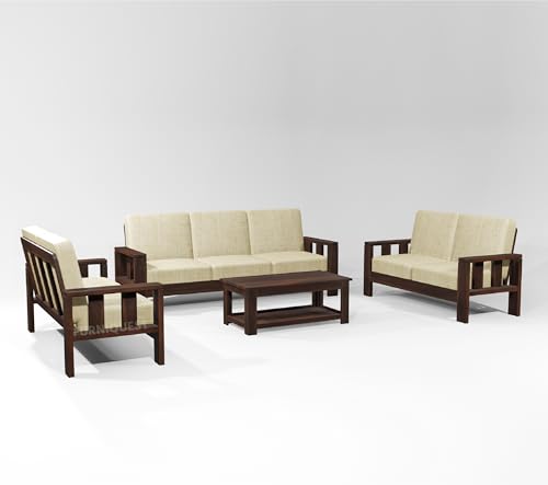 Image of Solid Sheesham Wood 7 Seater Sofa Set for Living Room | Wooden Sofa Set for Living Room Furniture 3+2+2 | Solid Wood Sofa Set | Walnut Finish