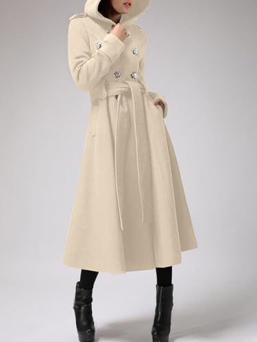 Cicy Bell Womens Long Double-Breasted Hooded Coat Winter Warm Wool Trench Coat with Belts3