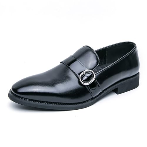 Men's Patent Leather Low Chunky Heel Loafers with Adjustable Buckle Fashion Slip On Pointed Toe Business Dress Shoes for Party Dating Prom
