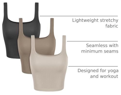 Image of ODODOS 3-Pack Seamless Square Neck Crop Tank for Women Ribbed Knit Soft Low Back Cropped Tops