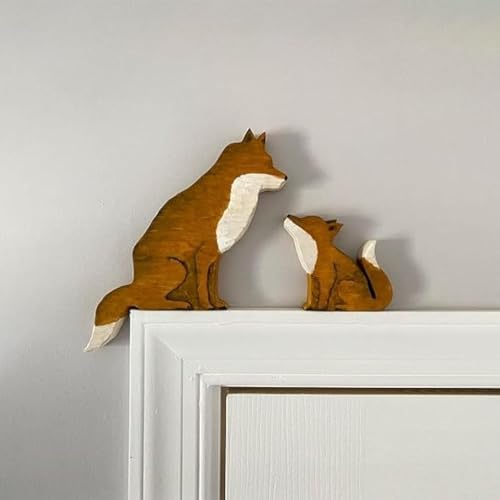 Image of Mama and Baby Fox Door Topper Adorable Fox Shape Statue Door Corner Sculpture for Handcrafted Wood Decor Sign, Creative Wooden Art Figurine Ornament for Garden Living Room Bedroom Office (Baby+Mama)