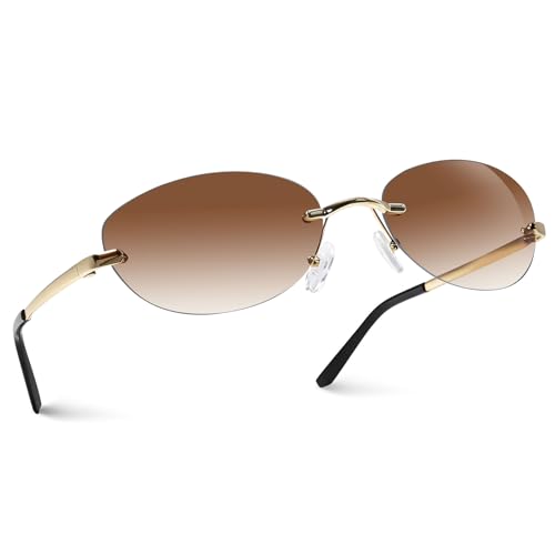 peuoyo Y2k Sunglasses for Women Rimless Futuristic Eyewear Womens oval sun glasses (Brown Frame/Brown)