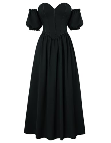 Viktorianischer Kleid Damen Schulterfrei Puffärmel Herzausschintt Lang Cocktailkleid Schwarz 44