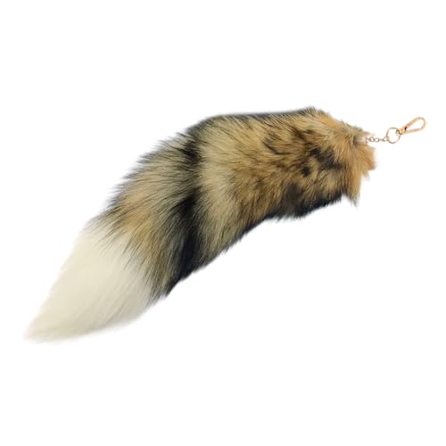 Image of 15.75 Inch Long Fluffy Faux Fur Tail Keychain, Fake Animal Tails for Handbags Backpacks Charm Tassel Ornaments (Khaki-Black)