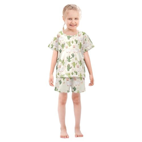 ALAZA Cactus Alpaca Cartoon Pajamas Set Short Sleeve Cotton Sleepwear Summer Pjs 2 Piece 5-14Y3