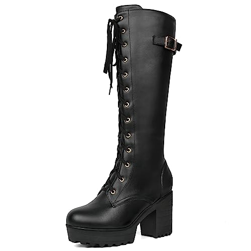 Image of Parisuit Women's Knee High Goth Platform Boots Lace Up Combat Boots