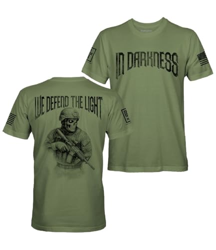 in Darkness We Defend The Light Men's Patriotic T-Shirt (Military Green Shirt, L)