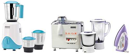 Image of USHA RapidMix 500-Watt Copper Motor Mixer Grinder (Sea Green /White) & 100WB 1100 W Dry Iron (Purple) & Usha 3345 450-Watt Juicer Mixer Grinder with 2 Jars (White)
