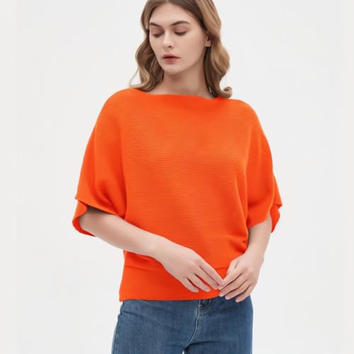 Image of EDSTAR Women's Boat Neck Short Sleeve Dolman Knit Sweater, Pumpkin | Boat neck, short batwing dolman sleeves, soft knit fabric, casual summer autumn pullover, versatile daily wear, solid color