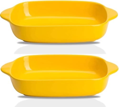 Image of Ceramic baking dish - Casserole Baking Dish with Handle, Baking Dishes for Oven, 9'' x 5'' Individual Baking Pan, Color Painted Porcelain Bakeware Set| Pack- 2(Yellow)