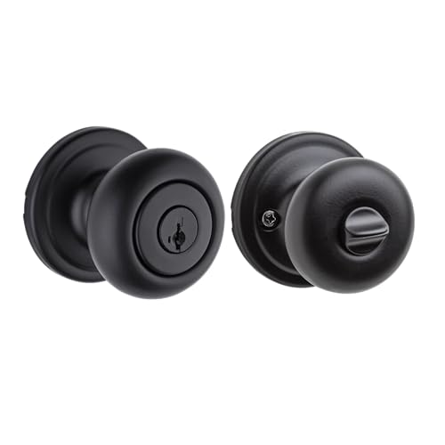 Image of Kwikset Hancock Entry Doorknob with Lock and Key, Secure Keyed Handle Exterior, Front Entrance and Bedroom, Matte Black, Pick Resistant SmartKey Rekey Security and Microban