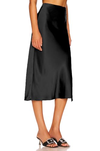 Women's High Waisted Silky Satin Midi Skirt Elastic Waist A Line Skirt with Slit3