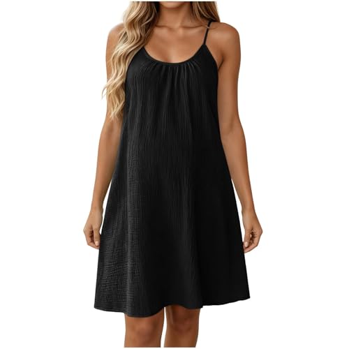 Image of Elegant Cotton Linen Midi Sundress for Women Sleeveless Spaghetti Strap Dress Business Holiday Beach Party Dresses Ladies Solid Color Swing Mini Dress Strand Black