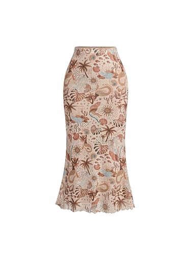 Floerns Women's Plant Print High Waist Skirt Summer Fishtail Hem Midi Skirt