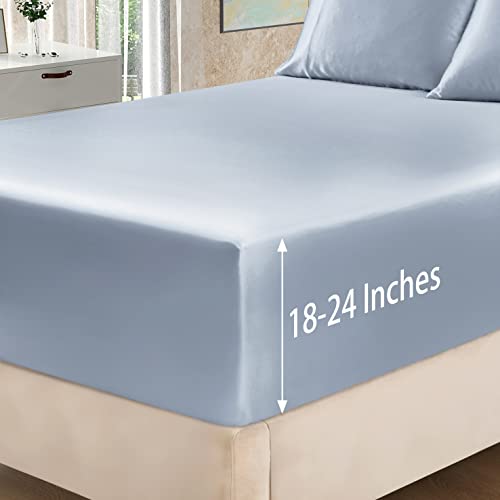 Homiest 4pcs Extra Deep Pocket Sheets - Full Size Bed Set, 18-24 Inch Deep Pocket, Baby Blue Satin Luxury Fitted Sheet Set Fits Ultra Deep Mattress