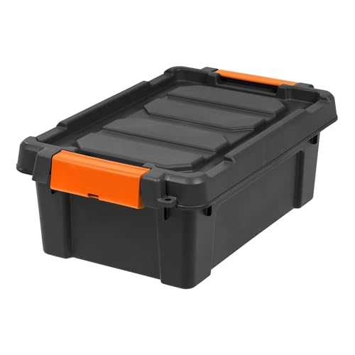 3 Gal. Heavy Duty Plastic Storage Bins with Lockable Lids - Stackable Latching Totes for Tools, Seasonal Items, Sports Equipment, Black