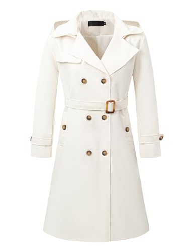 SHMLIYDO Womens Long Trench Coat Double Breasted Classic Lapel Coat Belted Slim Long Overcoat Coat With Detachable Hood White 1-Large