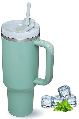 TUMBLERRY H2.0 Tumbler with Straw and Lid | 40oz-1200ml Stainless Steel Vacuum Insulated Cup with Handle | Travel Flask Car Coffee Mug for Hot and Cold Drinks (Fern Green)