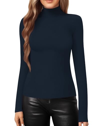 Image of MANGOPOP Women's Mock Turtle Neck Slim Fit Long Sleeve 3 /4 Sleeve Short Sleeve T Shirt Tight Tops Tee