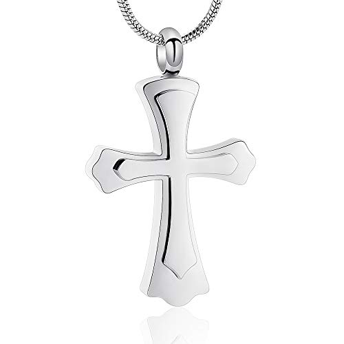 Stainless Steel Cross Memorial Cremation Ashes Urn Pendant Necklace Keepsake Jewelry Urn (Silver Color)