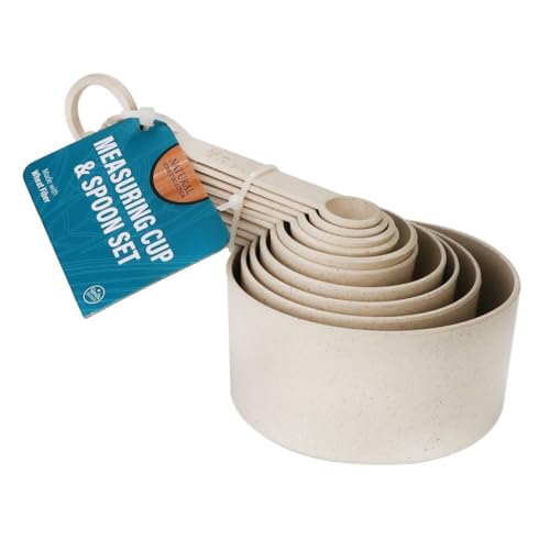 10 pcs Wheat Straw Measuring Cups and Spoons Set, Made of Natural Wheat Straw Fiber and Food Grade PP Material, BPA Free, Stackable, Microwave, Freezer and Dishwasher Safe, Cream Color