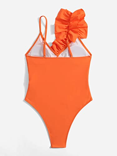 Romwe Women's One Piece Ruffle Trim Solid Basic Swimsuit Bathing Suit Swimwear Orange S #TOP1