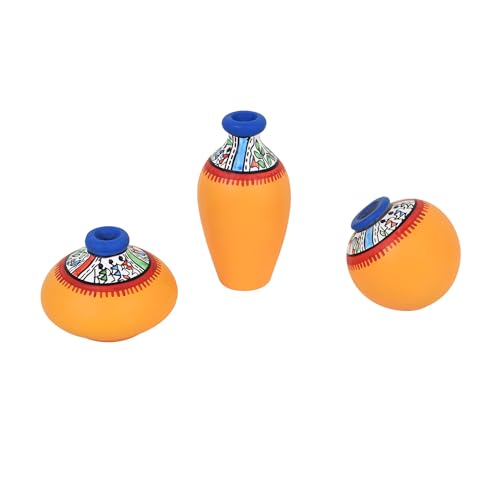 Image of Aakriti Art Creations Miniature Warli Treasures Vase Set of 3 | Madhubani Hand-Painted Terracotta Vases in Yellow | Matte Finish Decorative Vases for Living Room, Table Decor & Gifting