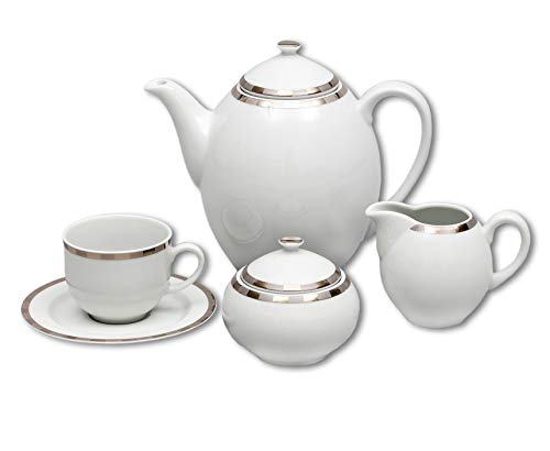 Porcelain Tea Service Opal | 6 Cups (8oz) with Saucer, 1 Coffee Pot with Lid, 1 Sugar Bowl with Lid, 1 Milk Pot | Decorative China Flower Full Serving Set
