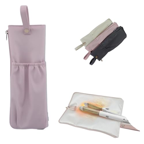 ヘアアイロン ケース 耐熱 吊り下げ収納 アイロンケース 耐熱 300℃熱いまま収納 180°全開可能 PUレザー 防水 ヘアアイロン 収納 ポケット付き 旅行 自宅用 (Pink)