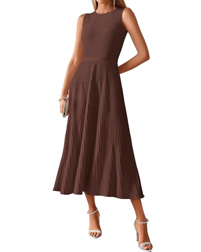 Btfbm Women Tank Midi Dress Summer Crewneck Sleeveless Pleated A Line Business Casual Formal Sweater Spring Dresses 2026(Brown, Medium)