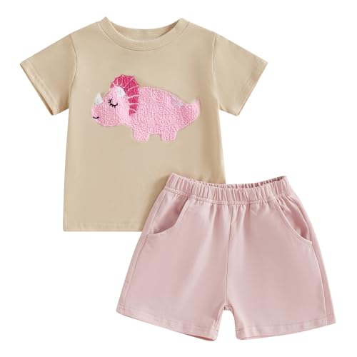 PUHHAPIEY Toddler Baby Girl Summer Clothes Embroidered Letter Graphic Short Sleeve T-Shirt Shirts + Elastic Shorts Set (Dinosaur Beige, 6-12M)