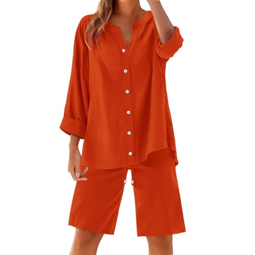 Conjuntos de 2 piezas de lino para mujer con cuello en V manga corta y pantalones cortos Z02