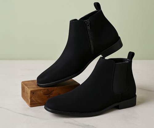 Image of Kraasa THE Ashford - Men's Stylish Vegan Leather Chelsea Boots with Side Zipper & Elastic Panel, Square Toe Ankle Boot (Tan /Black /Brown)