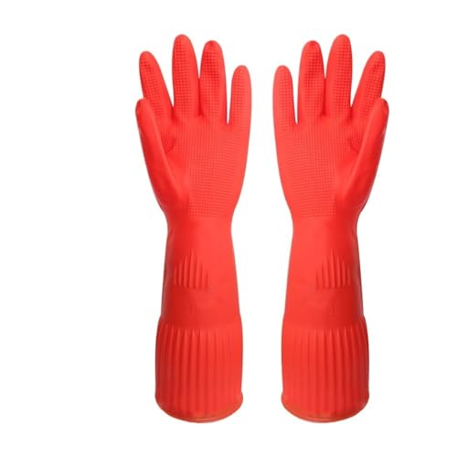 GLGBQMQYPW 1Pair Lengthen Dishwashing Cleaning Silicone Gloves Rubber Dish Washing Glove Scrubber For Household Kitchen Clean Tool(38CM Red,M)