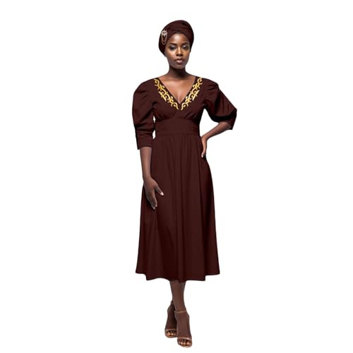 Robe africaine col V profond pour soirées élégantes avec son foulard chic assorti