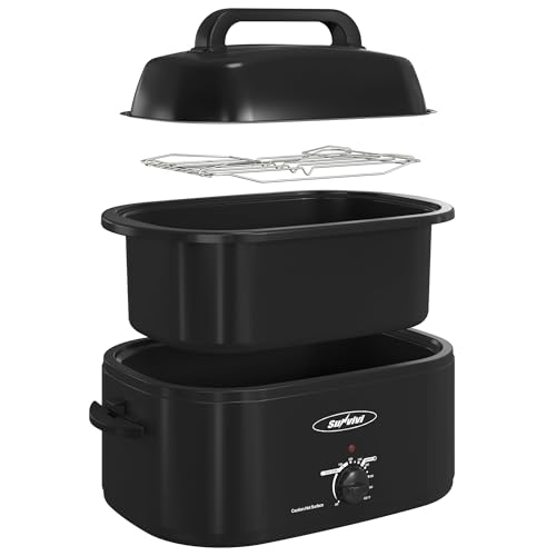 Sunvivi 28 Quart Electric Roaster Oven Turkey Roaster with Lid Electric Roasters with Removable Pan Large Roaster,Visible & Self-basting Lid, Fast Heating & Thaw/warming Setting,Black