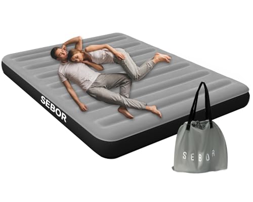 Sebor Camping Air Mattress Queen, Height 9' Double Size - Portable Inflatable Air Bed for Camping, Travel, and Home Use, Lightweight Air Mattress with Storage Bag-Black Grey(No Pump)