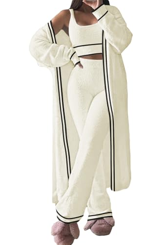 Image of Fixmatti Women's Fuzzy 3 Piece Sweatsuit Open Front Cardigan Crop Tank Tops Wide Legs Pants Lounge Sets