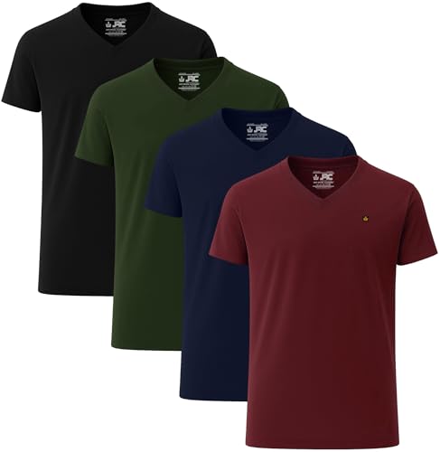 JRC Just Royal Clothing 4er-Pack Herren V-Ausschnitt Kurzärmlige T-Shirts (Oliv, Marine, Kastanienbraun, Schwarz, XL)