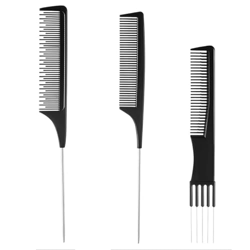 Hairdressing Combs Set, 3 Pack Tail Combs, Heat Resistant Anti-static Carbon Hair Brush Hair Comb for Long, Wet or Curly Hair Detangling, Fine Tooth & Teasing Comb for Women & Men, Black