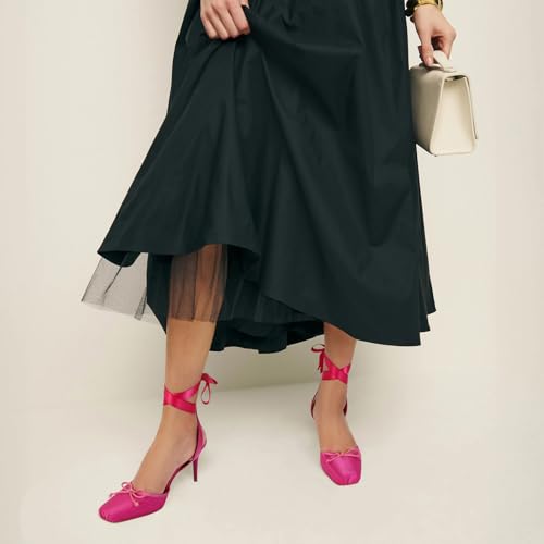 Satin Ballet Heels for Women with Bow Square Toe Ballerina Stiletto Heels Lace Up High Heel Slingback Pumps Strappy Mary Janes Cute Elegant Party Shoes Rose3