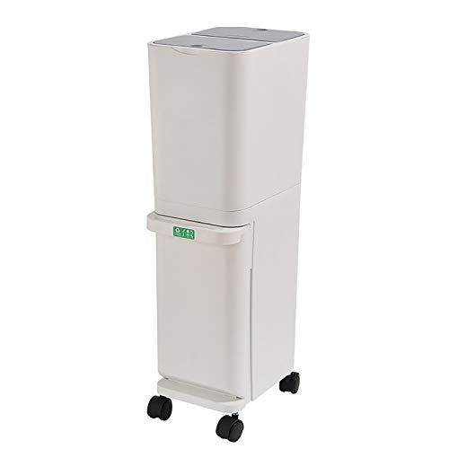 QWEASDF Basura Cubo Basura plástico pequeña Doble Cocina Puede presionar la Tapa Abierta Compacto Lindo Delgado Dual contenedores Reciclaje residuos Ruedas Vertical Rectangular 32L Separación,Blanco Cover