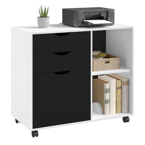 WOLTU Rollcontainer, mobiler Aktenschrank mit 5 Rollen, mit 3 Schubladen, mit verstellbarem Hängeregistratur & Einlegeboden, für Büro Zuhause, 80x69,5x39,5 cm, Weiß+Schwarz