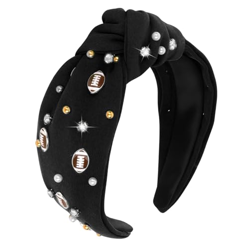 YARIEW Football Headband - Pearl Rhinestone Jeweled Knotted Top Knot Headband for Women Football Accessories Sports Fan Mom Gifts (Black)