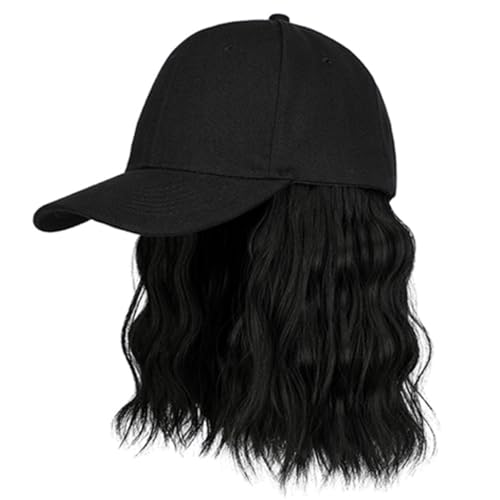 Chapeau d'été pour femme avec perruque synthétique ajustable cheveux bouclés noirs anti-chaleur
