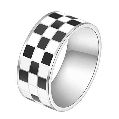 PAMTIER Unisex Stainless Steel 8mm Black and White Checkerboard Pattern Signet Ring