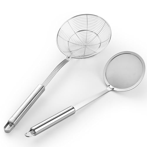 5.5 Inch Spider Strainer with Mesh Fatsoff Soup Scoop Slotted Spoon for Cooking Fat Skimmer Spoon for Kitchen Fryer Basket