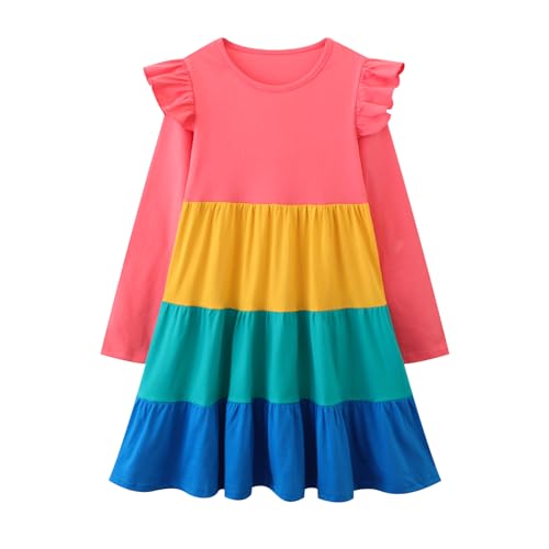 Image of Girl Long Sleeve Dress Ruffle Rainbow Color Block Cotton Casual Tiered Pleated Twirly Dress